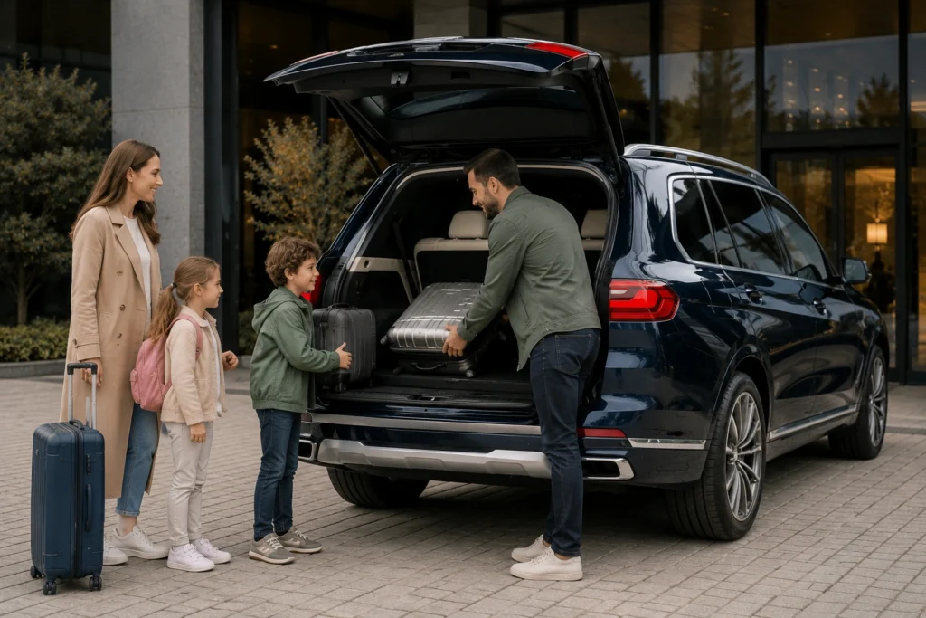 Family loading luggage into BMW X7 SUV