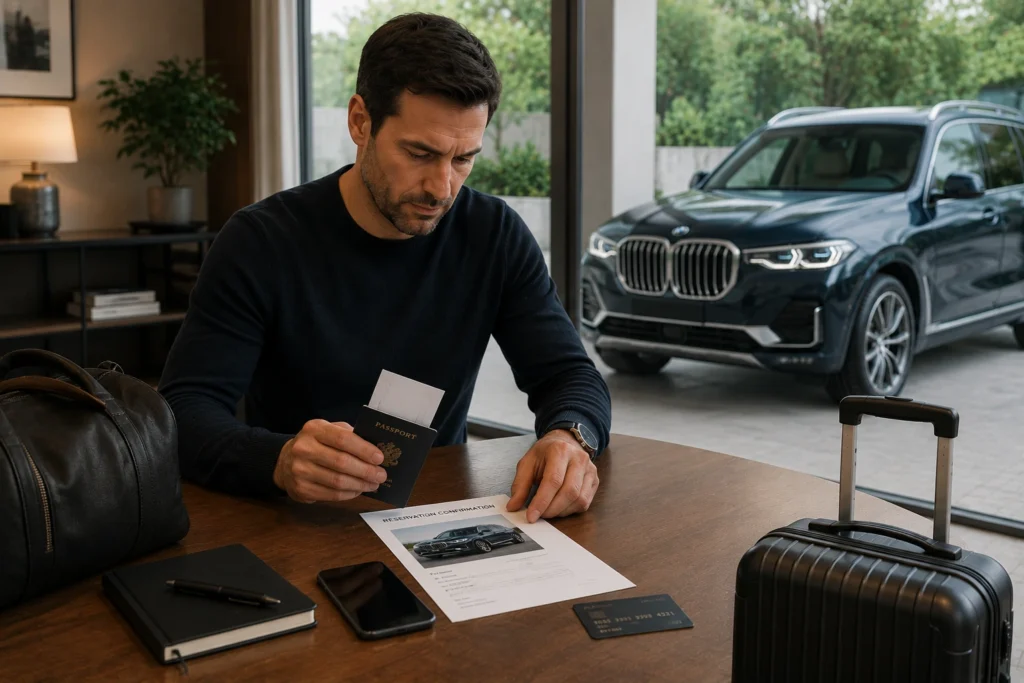 Traveler preparing documents for BMW X7 rental pickup