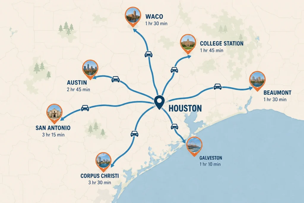best road trips from Houston under 4 hours map